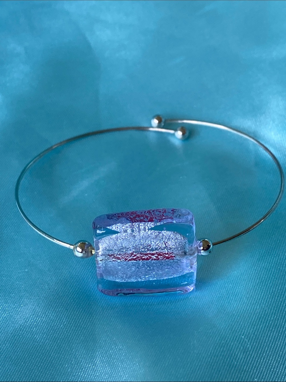 Silver Tone Bangle Bracelet with Light Purple Dichroic Glass Square Bead
